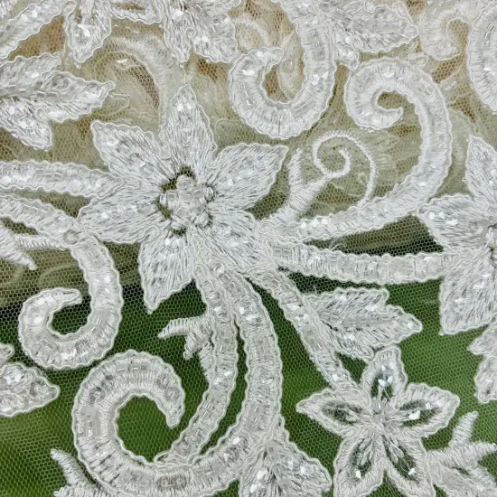 1 Yard Ivory Beaded & Corded Bridal Fabric Lace Embroidered on 100% Polyester Net Mesh, 51" Width, Elegant Wedding Fabric Silver {3}