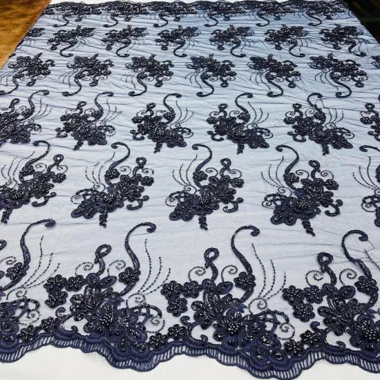 1 Yard Luxury Beaded and Corded Lace Fabric Embroidered Soft Polyester Net Mesh 54" Width Navy {1}