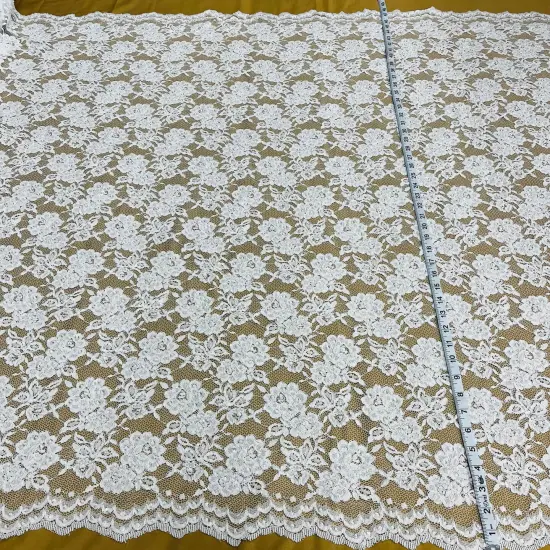 1 Yard White Beaded & Corded Lace Fabric on Polyester Mesh, Embroidered Design, 49" Wide Red {2}