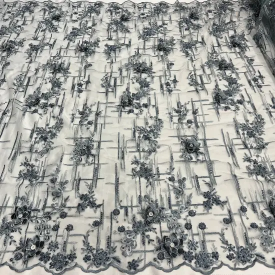 1 Yard Beaded Rhinestone 3D Floral Lace Fabric for Wedding Gowns and Dance Costumes 50" Width Grey {4}