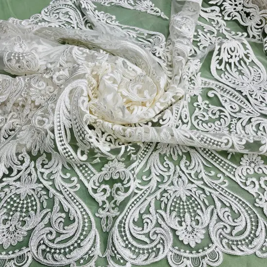 1 Yard Corded Bridal Lace Fabric, Embroidered on 100% Polyester Net Mesh, 52" Width,Elegant Fabrication for Gowns & D&eacute;cor White {5}