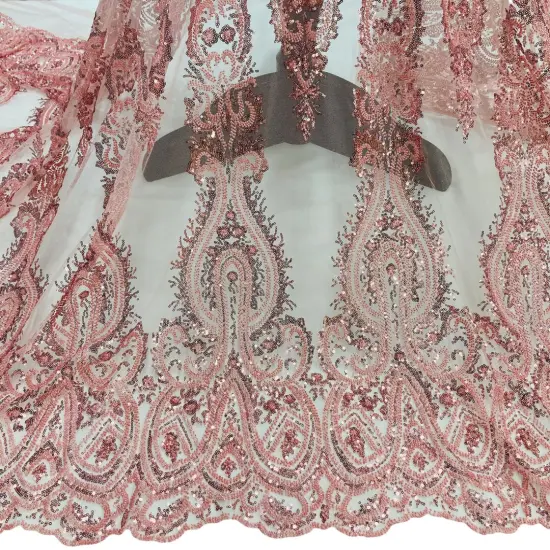 1 Yard Beaded Embroidered Lace Fabric on Polyester Mesh, 51" Wide Rose Gold {4}