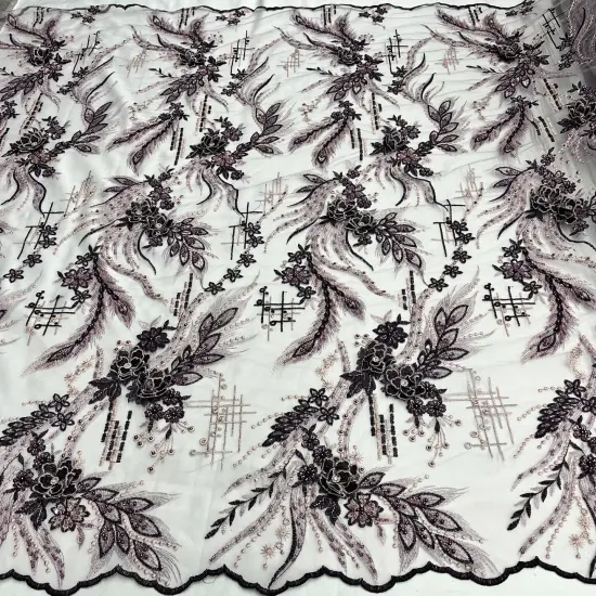 1 Yard Beaded Rhinestone 3D Floral Lace Fabric for Bridal Gowns Costumes Dresses 50" Width Mauve {7}