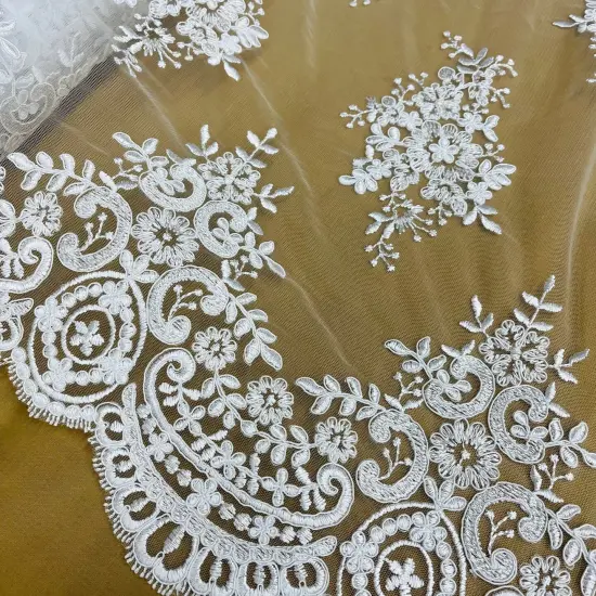1 Yard White Elegant Corded Bridal Lace Fabric Embroidered on 100% Polyester Net Mesh 56" Width {2}