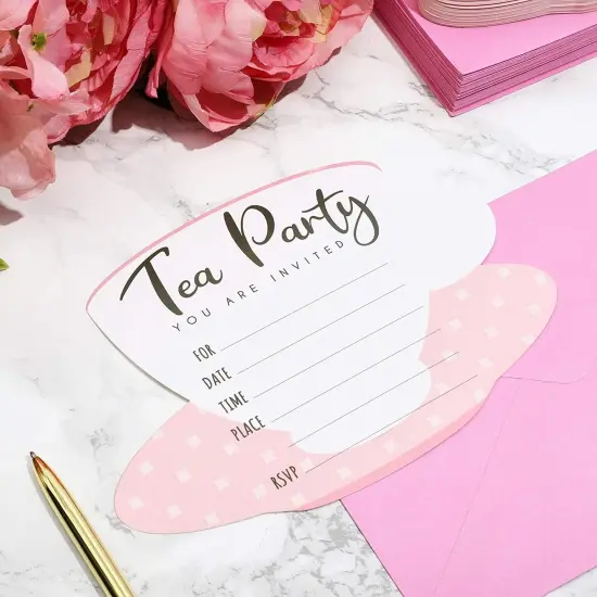 36 Pack Tea Party Invitation Cards with Envelopes, Pink and White High Tea Themed, (5 x 7 in) {3}