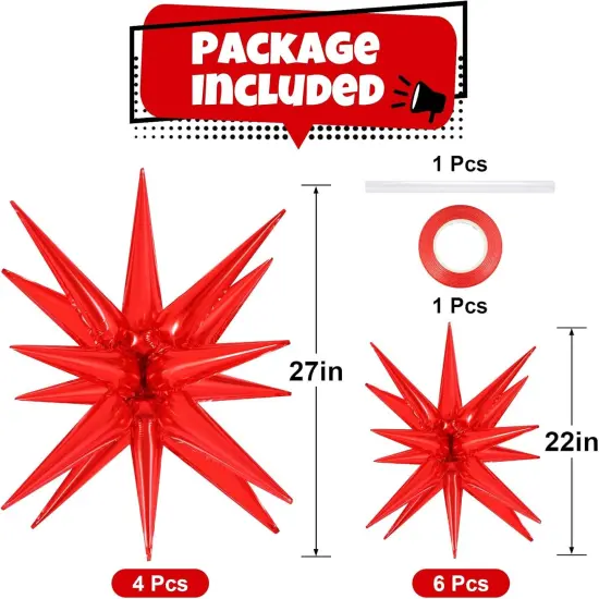 10 Pcs Star Balloons Explosion Starburst Balloons Foil Cone Balloon Magic for Birthday Wedding Anniversary Party Backdrops Decorations Supplies, 6 Pcs 22Inches and 4 Pcs 27Inches (Red) {2}