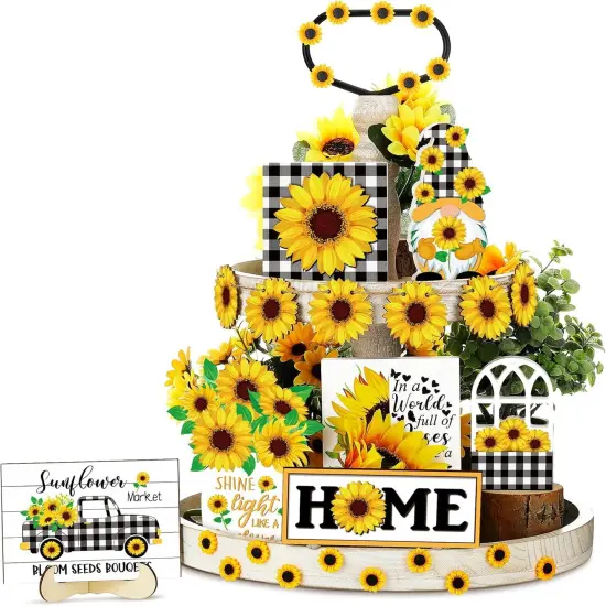 12 Pcs Sunflower Tiered Tray Decor Sunflower Decorations for Home Farmhouse Tray Set Rustic Summer Flower Table Top Centerpiece for Home Farmhouse Rustic Kitchen {1}