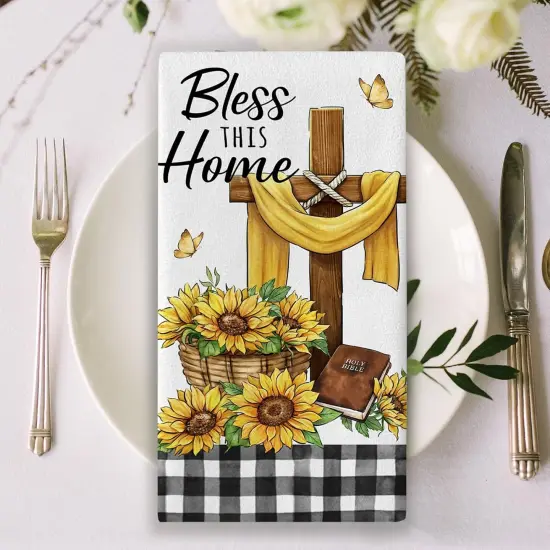 God All Things are Possible Christian Kitchen Dish Towels Set of 2, Religious Cross Sunflower Spring Summer Hand Towels Drying Baking Cooking Cloth, Fall Plaid Farmhouse Home Decor 18x26 {5}