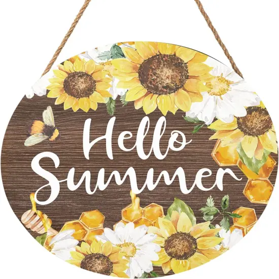 Hello Summer Sign 12 x 12 Inch Summer Themed Sunflower Welcome Sign Front Door Decor Farmhouse Porch Decoration Sunflower Round Wooden Hanging Sign for Home Garden Farmhouse Yard {1}