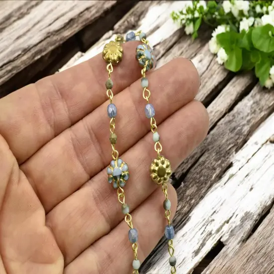 Blue Aqua Cactus Flower and Fire Polish Czech glass beaded chain w/gold links {3}