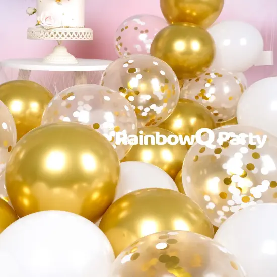 Metallic Shiny Gold and White Balloons 12 Inch 68PCS White Gold Confetti Balloons Latex Helium Balloon Set {2}
