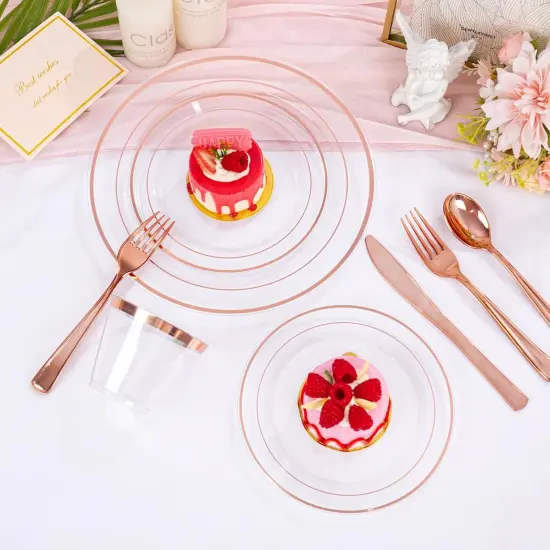 300PCS Clear Rose Gold Plastic Dinnerware - Rose Gold Disposable Dinnerware Set Include 50 Dinner Plates,50 Dessert Plates,50 Knives,50 Forks,50 Spoons,50 Cups for Party, Wedding & Mother&rsquo;s Day {4}