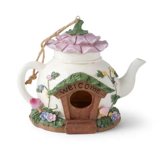 Whimsical Teapot Fairy House Birdhouse – 8" Resin Garden Décor {1}