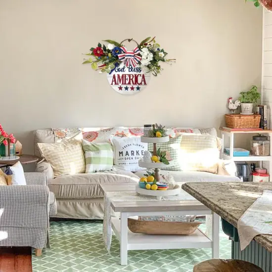 God Bless America Sign Wreath 4th of July Wreath Patriotic Wreath for Front Door, 16" Red White and Blue Flower Wooden Sign Wreath for Memorial Day Independence Day Decoration {5}