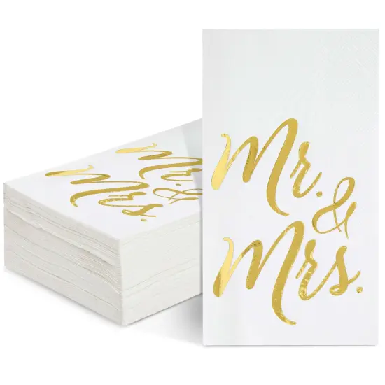50-Pack Mr and Mrs Napkins, Disposable Wedding Dinner Napkins for Reception, Rehearsal Dinner, Bridal Shower, Engagement Party (Gold Foil and White, 3-Ply, 4x8 in) {1}