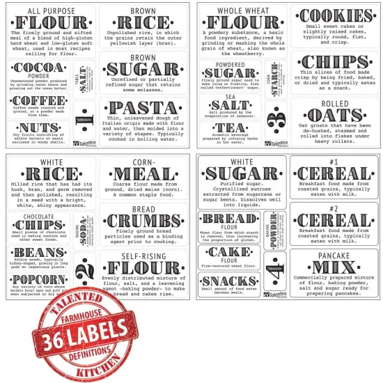 Talented Kitchen 36 Preprinted Pantry Labels with Ingredient Definitions, Clear Farmhouse Style Stickers for Food Jars, Kitchen Organization, and Storage (Water Resistant) {3}
