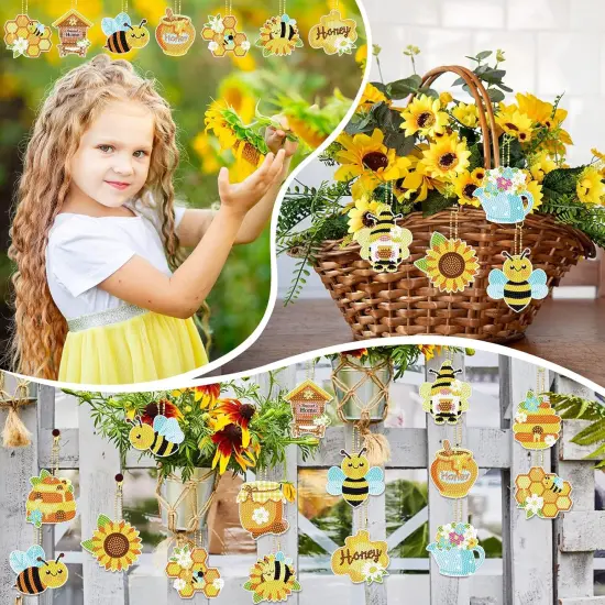 15 Pcs Bee DIY 5D Diamond Painting Keychain Spring Nature Full Drill Making Key Chains Key Ring Diamond Art Keychains Pendant DIY Diamond Accessories for Spring Summer Easter Decor {2}