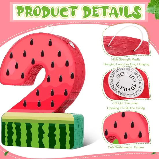 Watermelon Pi&ntilde;ata Fruit Number 2 Red Watermelon 2nd Birthday Pi&ntilde;ata with Bat Stick Blindfold Mask Confetti {3}