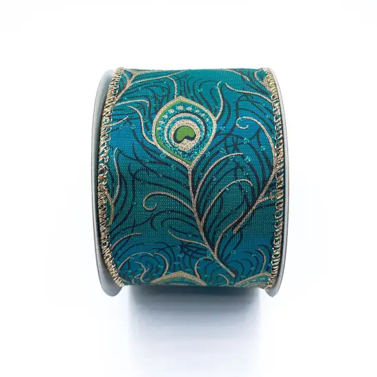 Designer's Shop WR 63-5083 Peacock Green Gold edge 2.5" wired edge ribbon 10 yard spooled {2}