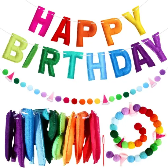 2 Pcs 118 Inch Pre-Strung Happy Birthday Banner Felt Reusable Rainbow Fabric Ball Garland Handmade Colorful Felt Letters Balls for Party Decor {1}