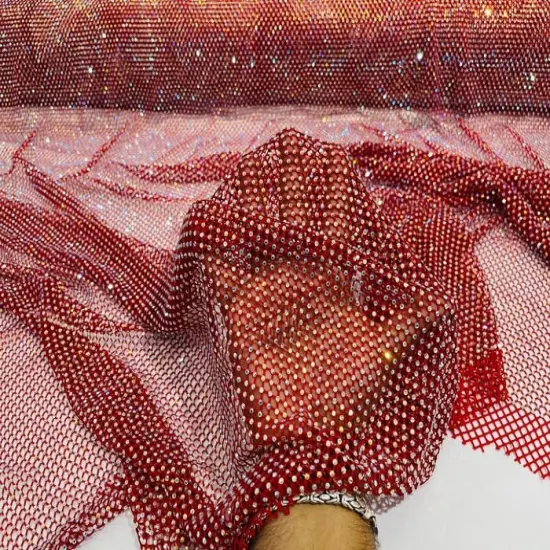 1 Yard Sparkly AB Rhinestone Fishnet Fabric Stretch Mesh for Costumes, D&eacute;cor, and Apparel Blush Pink Iridecent {3}