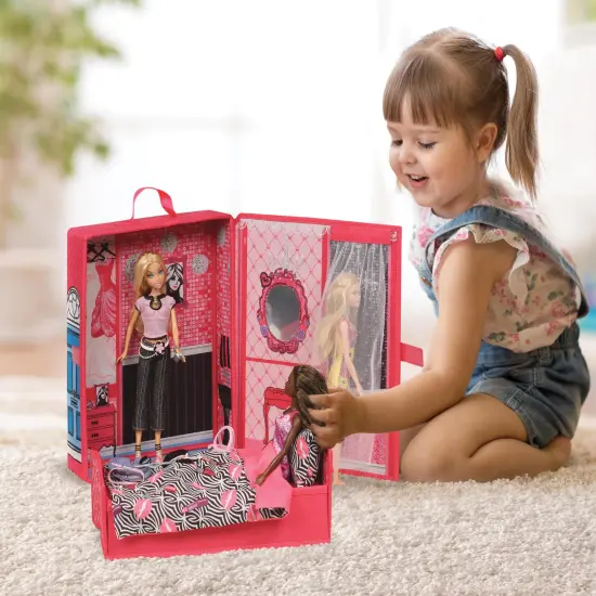 Badger Basket Home & Go Dollhouse Playset Travel & Storage Case with Bed/Bedding for 12-inch Fashion Dolls - Pink/Multi {2}