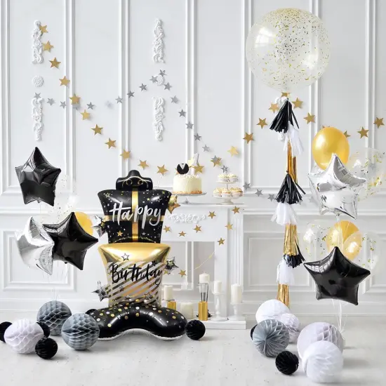 Giant Black Gold Happy Birthday Foil Balloon {3}