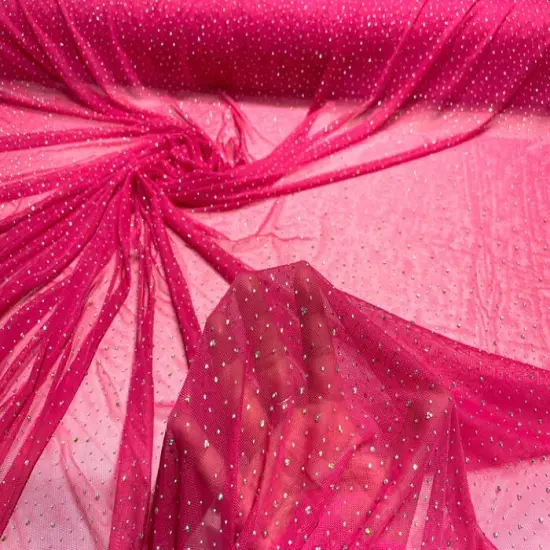 1 Yard Sheer Power Mesh With AB Rhinestones Stretch Fabric for Dancewear, Gowns & DIY Fuchsia {1}