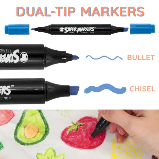 Super Markers 60 Unique Primary, Pastel, Neon Colors Dual Tip Fabric & T-Shirt Marker Set - Double-Ended Fabric Markers with Chisel Point and Fine Point Tips {6}