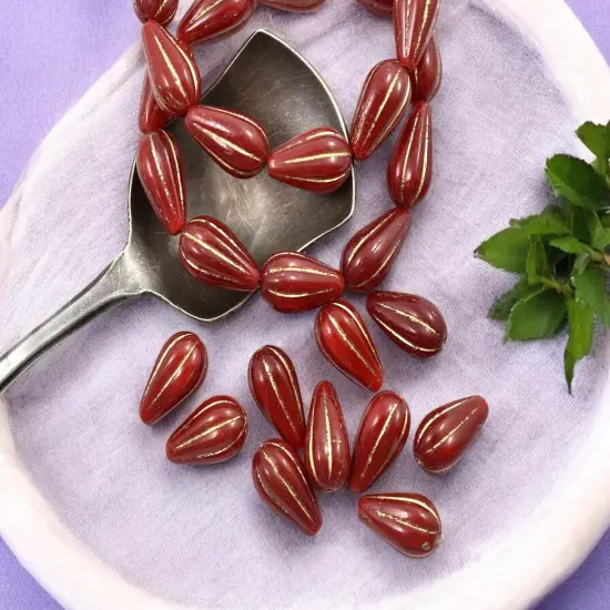 *10* 13x8mm Gold Washed Red Opaline Melon Drop Beads {1}