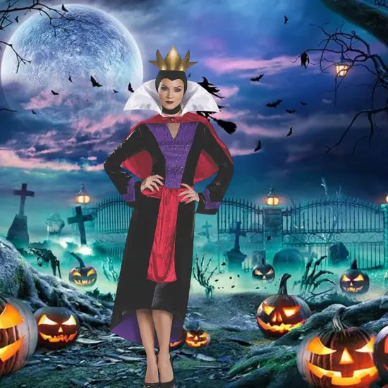 Womens Evil Queen Costume Halloween Dress With Cape Crown Headpiece {2}