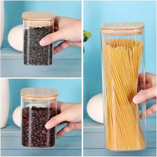 Glass Storage Canister with Wooden Lid, Set of 7 Square Glass Jars with Bamboo Lids, Glass Food Storage Containers for Pasta, Cereal, Flour, Sugar, Best for Kitchen & Pantry {4}