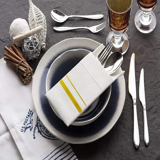 Disposable Dinner Napkins Cloth Like with Built-in Flatware Pocket,Wedding Party Linen Feel White and Golden Napkin, Prefolded for Silverware, 50 Counts {2}