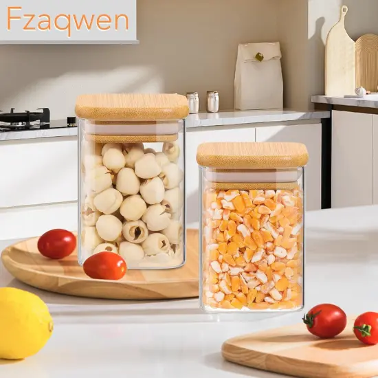 Glass Spice Jars with Bamboo Lids - 9 Oz Small Square Storage Jars with Airtight Lids Clear Pantry Food Storage Containers Glass Canister Set with Labels for Kitchen Coffee Sugar Flour(Set Of 10) {4}