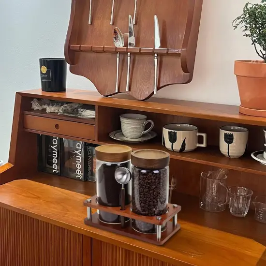 Glass Coffee Grounds Container with Shelf, 2 &times; 45 oz Glass Coffee Canisters with Airtight Thread Lid, Glass Storage Jars with Stainless Steel Spoon for Coffee Bean, Sugar,Nut {2}