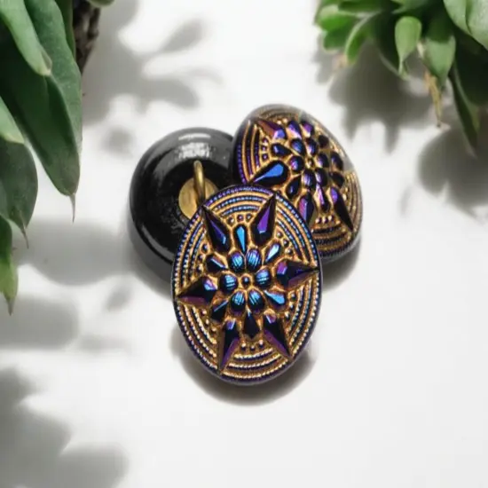 18mm Star Button Indigo with a Gold Wash - Czech Glass Buttons {1}
