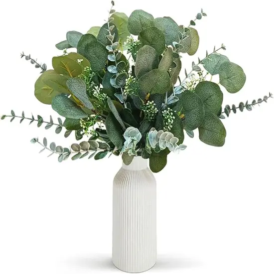 Artificial Eucalyptus Decor in White Ceramic Vase, Eucalyptus Leaves for Farmhouse Table Centerpiece, Home Office Kitchen Bathroom Decor {1}