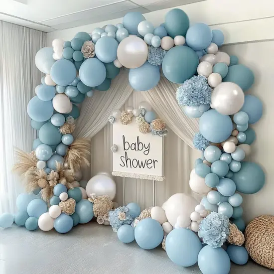 Pastel Blue White Balloon Arch Kit Double Stuffed Dusty Light Blue White Cream Balloon Garland for Baby Shower Birthday Wedding Boho Winter Party Decoration {2}