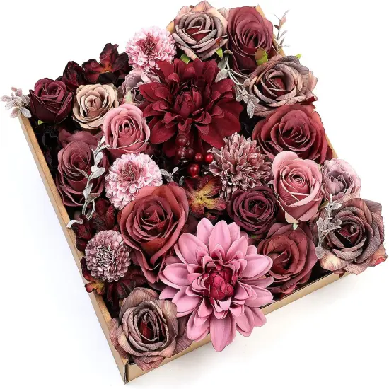 25pcs Silk Fake Flowers Roses for DIY Wedding Bouquets Burgundy Centerpieces {1}