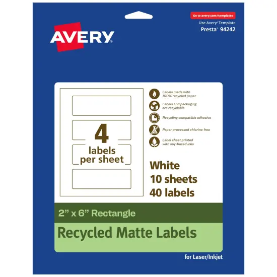 Avery Recycled Matte White Labels,2" x 6" Rectangle {1}