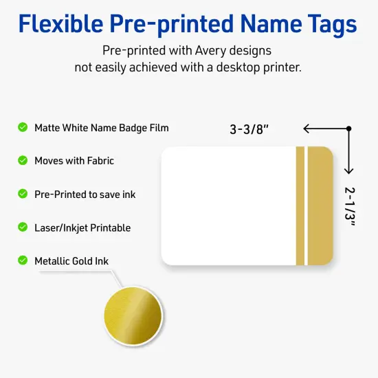 Avery® Printable Rectangle Adhesive Name Tags, Double-Dipped Gold Edge Design, 2-1/3" x 3-3/8", Matte White Removable Name Tags, Laser/Inkjet, 80 Total, Great for Name Badges {2}