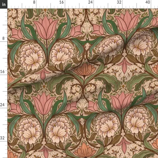 Various Fabrics by the Yard or Fat Quarter Arts And Crafts Pink Green Hand Drawn Floral Scroll Traditional Heritage Revival Custom Printed Fabric by Spoonflower {1}