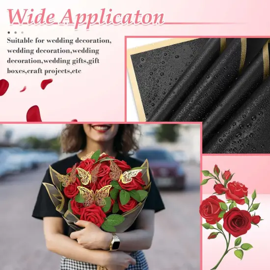 Bouquet Wrapping Paper with Artificial Foam Roses Red Flowers with Stems Gold Butterfly {4}