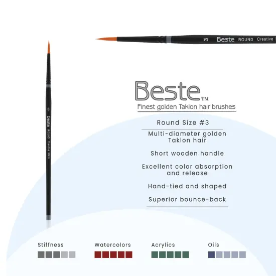 Creative Mark Beste Golden Taklon Round #3 Pack of 3 Artist Brushes, Professional Watercolor Brushes, For Acrylic Painting, Short Handle, Sharp Edges, Hand-Tied & Shaped {3}