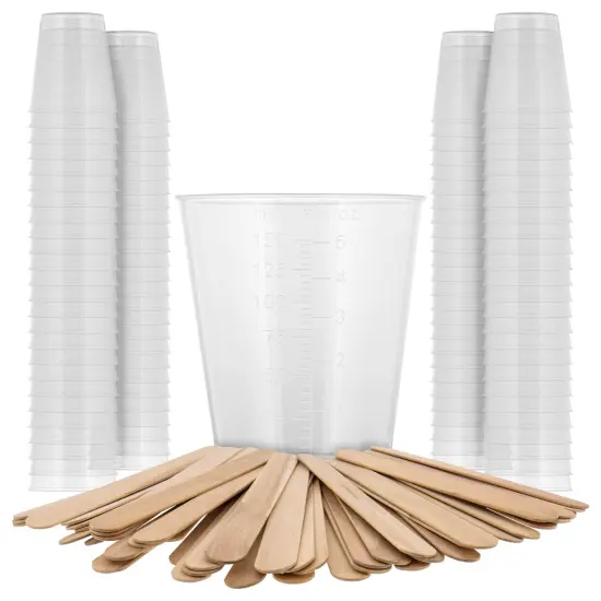 5 Oz (150 ml) Liquid Measuring Cups - Plastic Graduated Cup (100 Pack) with 25 Sticks - Reusable Mixing Cups for Paint, Craft, Kitchen, Lab, Medical Supplies, Epoxy Resin, Art {1}