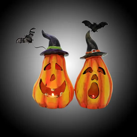 Transpac 5.25 In Pumpkins With Hat Figurine Halloween Figurine Set , Lighted Halloween Decor Lighted Battery Operated Bats Orange {3}
