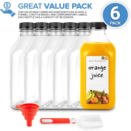 32 Oz Juice Bottles with Caps (6 Pack) - Reusable Clear Plastic Drink Containers {2}
