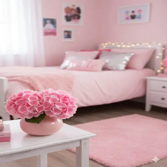 17.75" Pink Hydrangea Stem &ndash; 8" Bloom, Lifelike Faux Flower Decor {4}