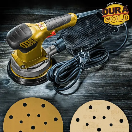 220 Grit - 6" Gold Sanding Discs - 17-Hole Pattern Hook and Loop for DA Sander - Box of 50 {6}