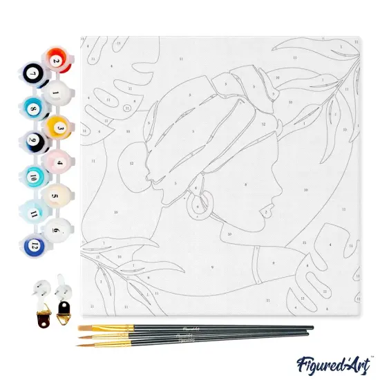 Figured'Art Mini Paint by Numbers Kit for Adults with Frame Abstract Woman in Blush Red Turban Small format 8"x8" - Craft Art Painting DIY Canvas Already Stretched on a Wooden Frame {4}